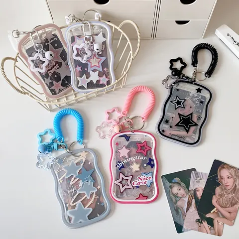 Korean Style Star Pattern Transparent Photocard Holder With Spring Lanyard Wave Border Soft Silicone ID Card Case Bag Charm