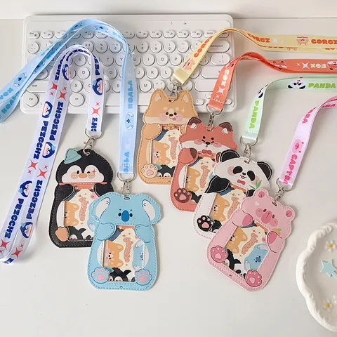 Cartoon Animal PU Leather ID Card Holder With Lanyard Portable Student Bus Card Gate Access Protection Sleeve For Women