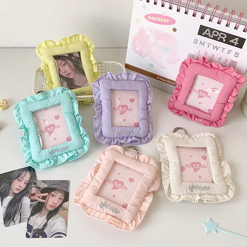 Cute Fabric Ruffle Photocard Holder Polyester 3 Inch Polaroid Photo Display Case Korean Style Idol Card Storage Keychain Bag Charm