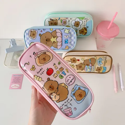 Cartoon Pencil Case Large Capacity Canvas PVC Waterproof Stationery Storage Bag Cute Bear Capybara Student School Supplies