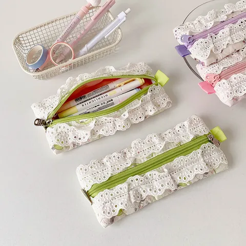 Trousse à Crayons en Dentelle Florale Coton Polyester Sac de Rangement de Papeterie Portable Trousse pour Étudiants Filles École Bureau