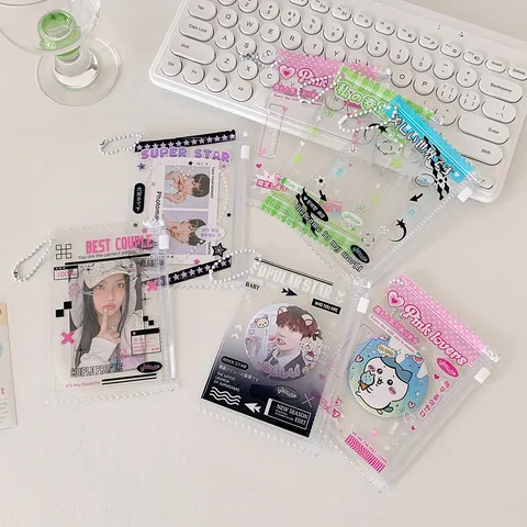 Transparante PVC Kaarthouder Met Metalen Bolletjesketting Ritszak Voor Foto's Polaroids Schattige Koreaanse Stijl Opbergzak