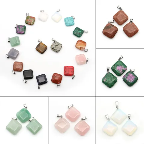 Natural Stone Square Rhombus Pendants For DIY Necklace Bracelet Making Semi-Precious Gemstone Charms With Alloy Bail Jewelry Findings