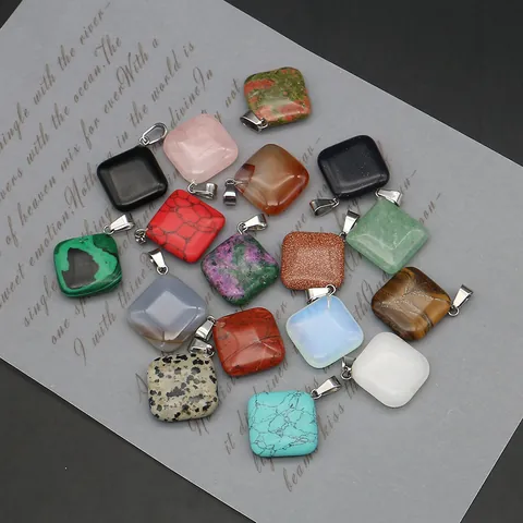 Natural Stone Square Rhombus Pendants For DIY Necklace Bracelet Making Semi-Precious Gemstone Charms With Alloy Bail Jewelry Findings