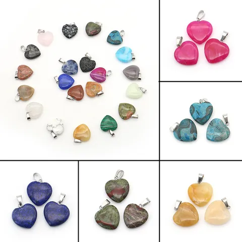 Natural Stone Heart Pendant With Alloy Bail For DIY Jewelry Making Component Polished Love Heart Crystal Stone Pendants Craft Accessory