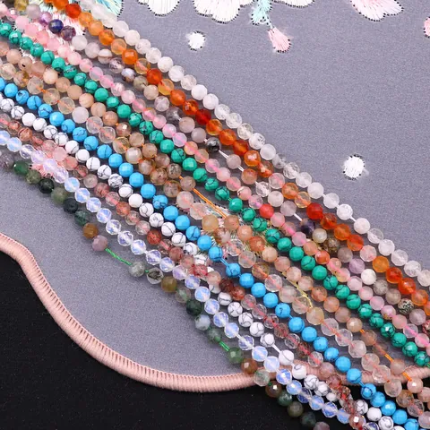 Faceted Natural Stone Round Beads Loose Strand For DIY Necklace Bracelet Jewelry Making Multi Type Strawberry Quartz White Turquoise