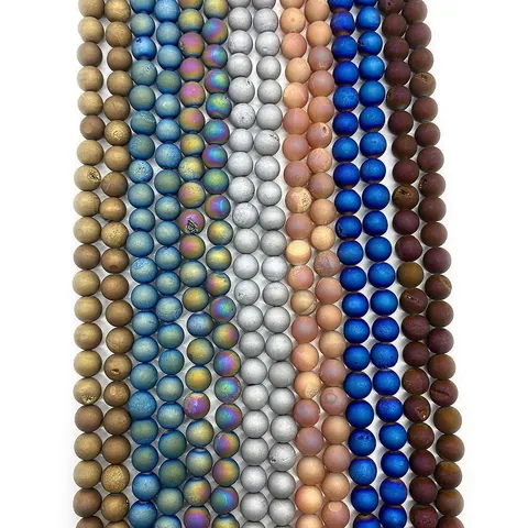 Matte Electroplated Natural Stone Agate Round Beads For DIY Jewelry Making Druzy Style Polished Gemstone Accessories