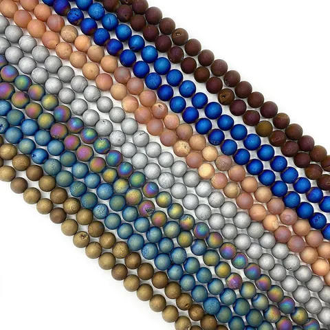 Natural Stone Electroplated Druzy Agate Beads Round Matte Loose Beads For DIY Necklace Bracelet Jewelry Making Accessories