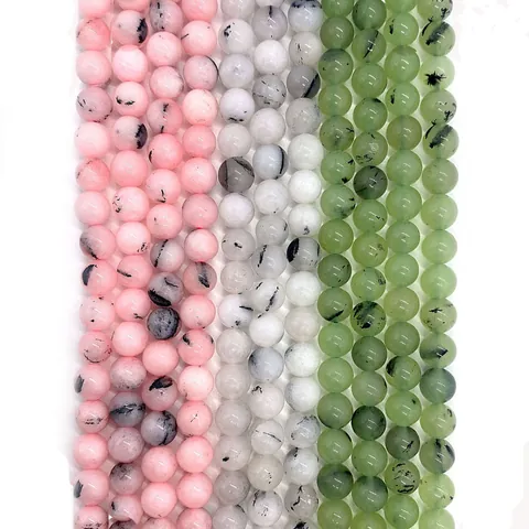 Natural Stone Round Loose Beads Smooth Polished Prehnite Pink Opal Black Rutilated Quartz For DIY Jewelry Making Necklaces Bracelets Crafts
