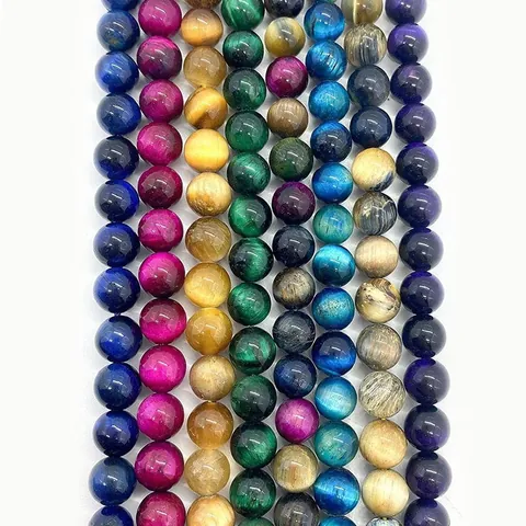 Natural Stone Colorful Tiger Eye Round Loose Beads Smooth Polished Chatoyancy Cat Eye Stone For DIY Jewelry Making Necklace Bracelet