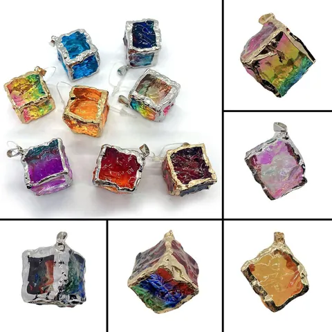 Natural Stone Cube Pendant Gradient Crystal Charm With Copper Frame For DIY Necklace Jewelry Making Accessories For Women