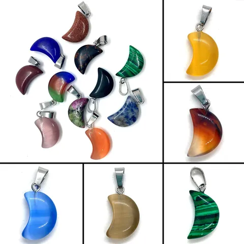 Natural Stone Crescent Moon Pendant With Metal Bail Malachite Agate Rose Quartz DIY Jewelry Making Necklace Accessories For Women Men