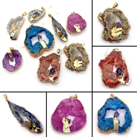 Naturstein Kristall Geode Anhänger Unregelmäßige Amethyst Druse Anhänger Nur Für DIY Schmuckherstellung Zubehör Goldene Einfassung