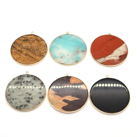 Round Natural Stone Pendant Gold Plated Copper Banding Picture Jasper Black Agate For DIY Necklace Jewelry Making Accessory