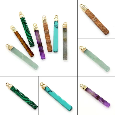 Natural Stone Rectangular Column Pendant Gold Plated Alloy Malachite Tiger Eye Amethyst For DIY Necklace Jewelry Making Accessories