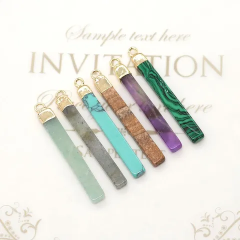 Natural Stone Rectangular Column Pendant Gold Plated Alloy Malachite Tiger Eye Amethyst For DIY Necklace Jewelry Making Accessories