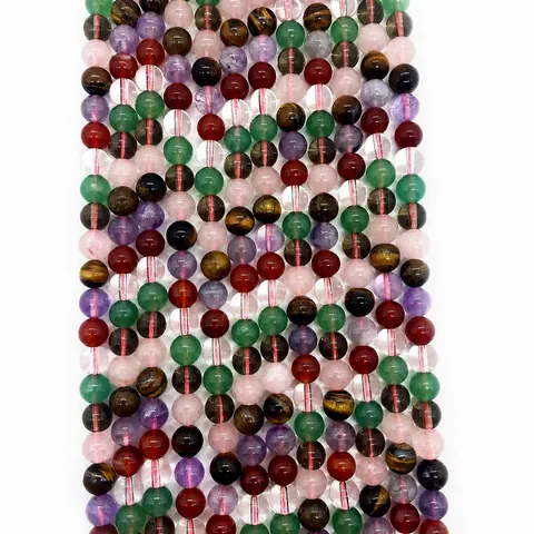 Natural Stone Round Loose Beads Mixed Rose Quartz Tiger Eye Amethyst Red Agate Beads Strand For DIY Jewelry Making Accessories