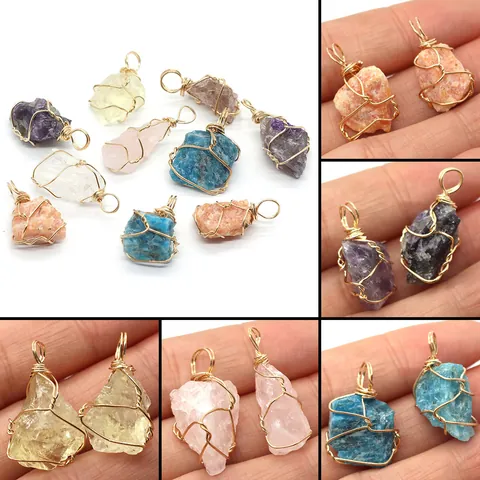 Natural Stone Wire Wrapped Irregular Raw Crystal Pendants DIY Handmade Jewelry Making Accessories Bohemian Style Jewelry