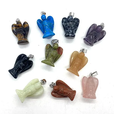 Angel Shape Natural Stone Pendant Only Healing Crystal Carved Charm For DIY Jewelry Making Amethyst Rose Quartz Opalite Pendant Only Without Chain
