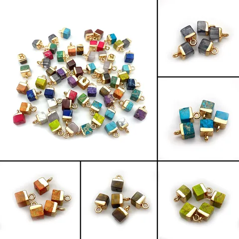 Natural Stone Cube Pendant Imperial Jasper 5x10mm Geometric Charm For DIY Necklace Bracelet Jewelry Making Multicolor Stone Accessory Pendant Only Without Chain