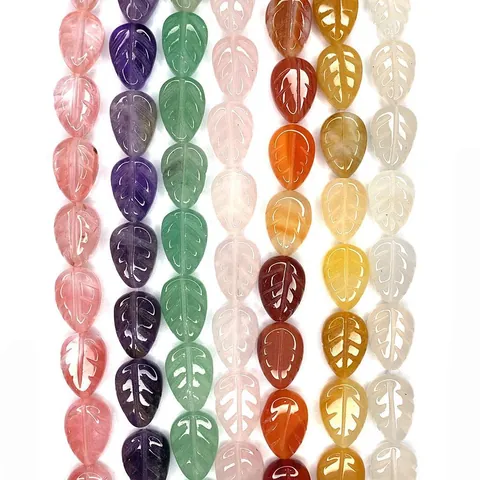 Natural Stone Leaf Shape Carved Beads Amethyst Rose Quartz White Jade Loose Beads For DIY Necklace Jewelry Making Accessories
