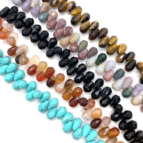 Faceted Teardrop Natural Stone Beads For Jewelry Making DIY Necklace Bracelet Accessories Black Agate Rose Quartz Tigers Eye Loose Beads