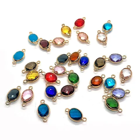 Oval Natural Stone Faceted Pendants Double Hole Connector Metal Bezel Charms For DIY Jewelry Making Necklaces Bracelets