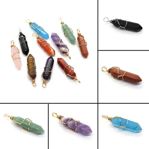 Natuursteen Zeshoekige Pilaar Hanger Draad Omwikkeld Kristal Kogelvorm Voor DIY Ketting Maken Sieraden Accessoires