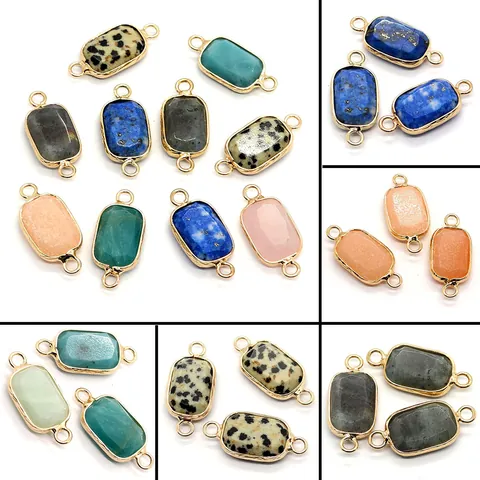 Natural Stone Rectangular Double Loop Connector Pendants Alloy Edged Rose Quartz Lapis Lazuli Charms For DIY Jewelry Making Crafts
