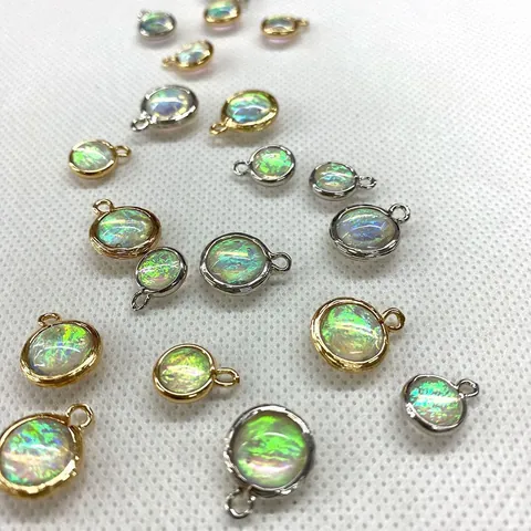 Iridescent Glass Crystal Round Pendant Alloy Metal Frame Gold Silver Charm For DIY Necklace Bracelet Jewelry Making Supplies