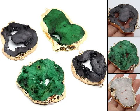 Irregular Natural Stone Crystal Geode Druzy Pendant Connector Gold Plated Double Loop DIY Jewelry Making Accessories Gift