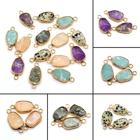 Natural Stone Amethyst Amazonite Pendant Connector With Gold Plated Edge Double Hole Irregular Shape For DIY Jewelry Making