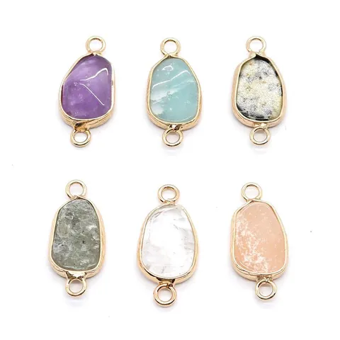 Natural Stone Amethyst Amazonite Pendant Connector With Gold Plated Edge Double Hole Irregular Shape For DIY Jewelry Making