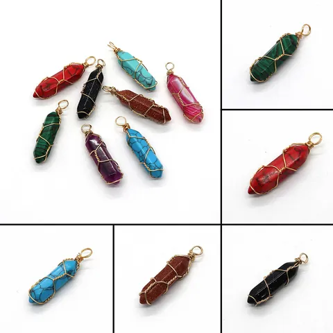 Zeshoekige Kolom Natuursteen Hanger Draadgewikkeld Kristal Kogel Edelsteen Voor DIY Sieraden Maken Ketting Accessoires