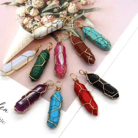 Zeshoekige Kolom Natuursteen Hanger Draadgewikkeld Kristal Kogel Edelsteen Voor DIY Sieraden Maken Ketting Accessoires