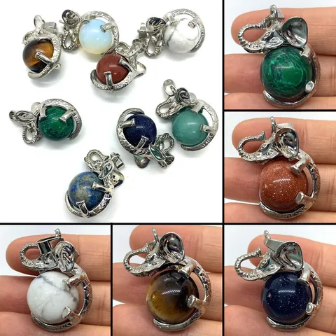 Natural Stone Elephant Pendant Alloy Animal Shape Round Gemstone Ball Charm For Jewelry Making DIY Necklace Accessory Gift