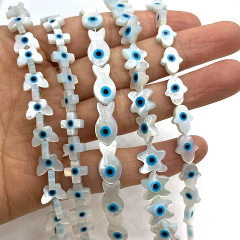 Natural Mother Of Artificial Pearl Evil Eye Beads For DIY Jewelry Making White Shell Star Fish Heart Cross Shape Loose Beads