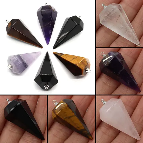 Pendentif Hexagonal en Pierre Naturelle Améthyste Quartz Rose Obsidienne Oeil de Tigre Cristal Pendule Bijoux DIY