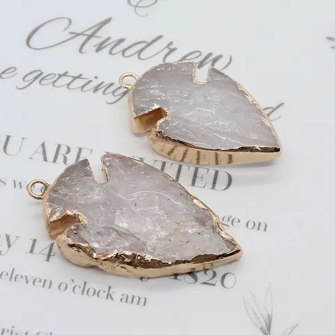 Colgante de Punta de Flecha de Cristal Blanco Natural con Borde Dorado Dijes en Forma de Hoja para Creación de Joyas DIY