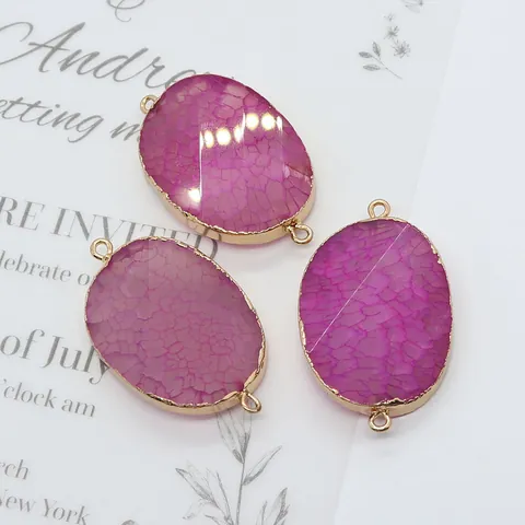 Conector de Colgante Ovalado de Piedra Natural Rojo Rosa Borde de Aleación Chapado en Oro Doble Bucle Para Joyería DIY Regalo