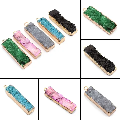 Natural Stone Druzy Crystal Cluster Pendant Only Without Chain Rectangular Gold Plated Edge DIY Jewelry Necklace Accessory