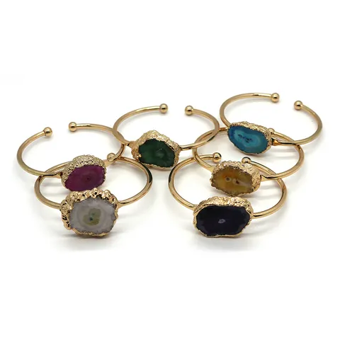 Brazalete Abierto de Ágata de Piedra Natural Vintage para Mujer Cristal en Bruto Irregular Galvanizado Pulsera de Puño Ajustable Joyería Bohemia Regalo
