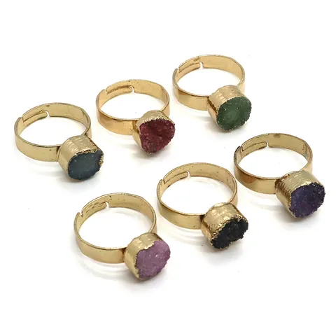 Vintage Natural Stone Druzy Adjustable Open Ring For Women Men Gold Silver Plated Circular Geometric Finger Ring Party Jewelry