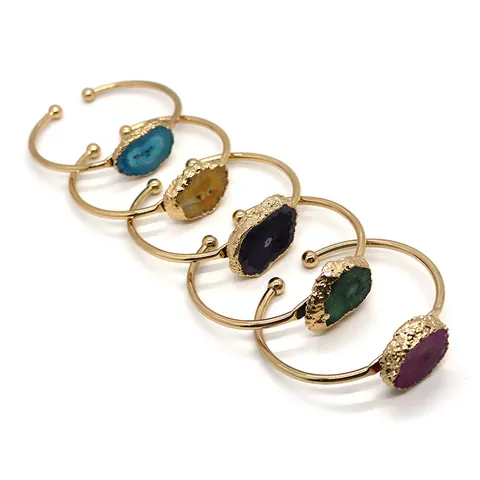 Brazalete Abierto de Ágata de Piedra Natural Vintage para Mujer Cristal en Bruto Irregular Galvanizado Pulsera de Puño Ajustable Joyería Bohemia Regalo