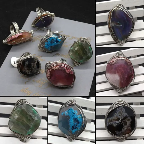 Handmade Natural Agate Stone Wire Wrapped Ring Irregular Bohemian Style Jewelry For Women Unisex Decorative Fashion Ring Gift