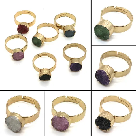 Vintage Natural Stone Druzy Adjustable Open Ring For Women Men Gold Silver Plated Circular Geometric Finger Ring Party Jewelry