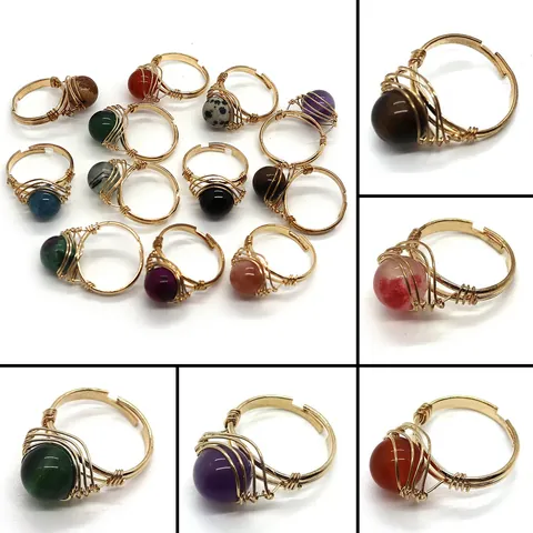 Anello Regolabile in Pietra Naturale Avvolto a Filo Fatto a Mano Gioielli Boho Perla Rotonda Per Donna Uomo Regalo
