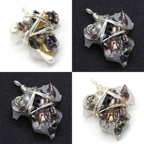 Handmade Irregular Baroque Freshwater Pearl Hand Wire Wrapped Silver Wire Resin Druzy Cluster Pendant For Jewelry Making DIY Necklace Accessories Women