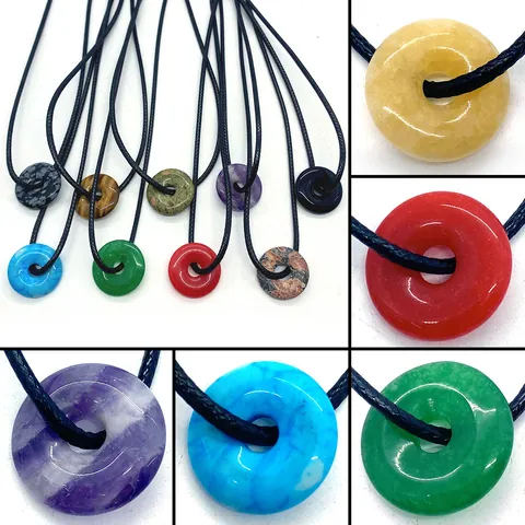 Naturstein Donut Anhänger Halskette Für Damen Herren Verstellbare Schwarze Kordel Geflochten Heilkristall Pi-Scheibe Edelstein Schmuck Geschenk
