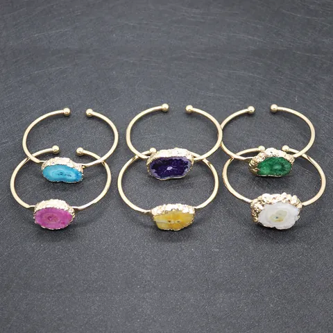 Bracelet Jonc Ouvert en Cuivre Plaqué Or Avec Agate Naturelle Cristal Druzy Pierre Irrégulière Bijoux Bohème pour Femme